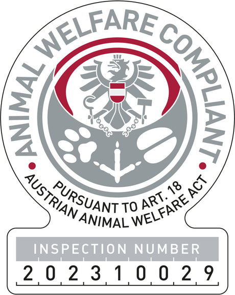 Ein Siegel mit dem Text "ANIMAL WELFARE COMPLIANT" und "AUSTRIAN ANIMAL WELFARE ACT," zeigt einen Adler und Inspektionsnummer 202310029.