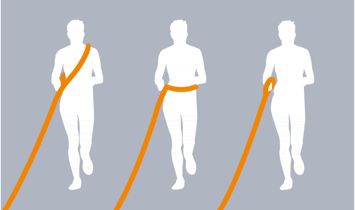 Drei weiße Silhouetten einer Person mit orangefarbenem Band in verschiedenen Tragevarianten auf grauem Hintergrund.