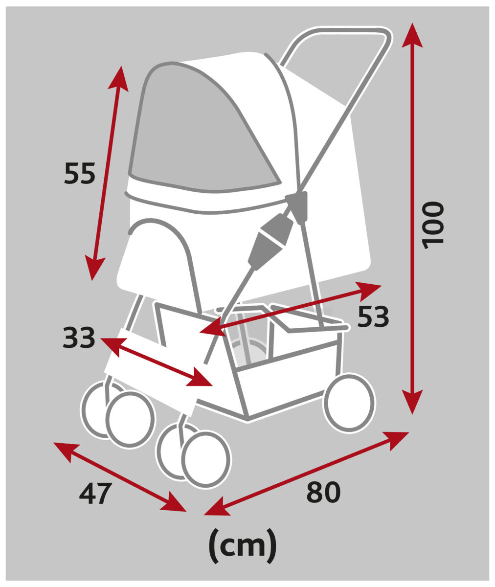 Illustration eines Kinderwagens mit Maßangaben in Zentimetern: Höhe 100, Länge 80, Breite 47, weitere Maße 55, 53, 33.