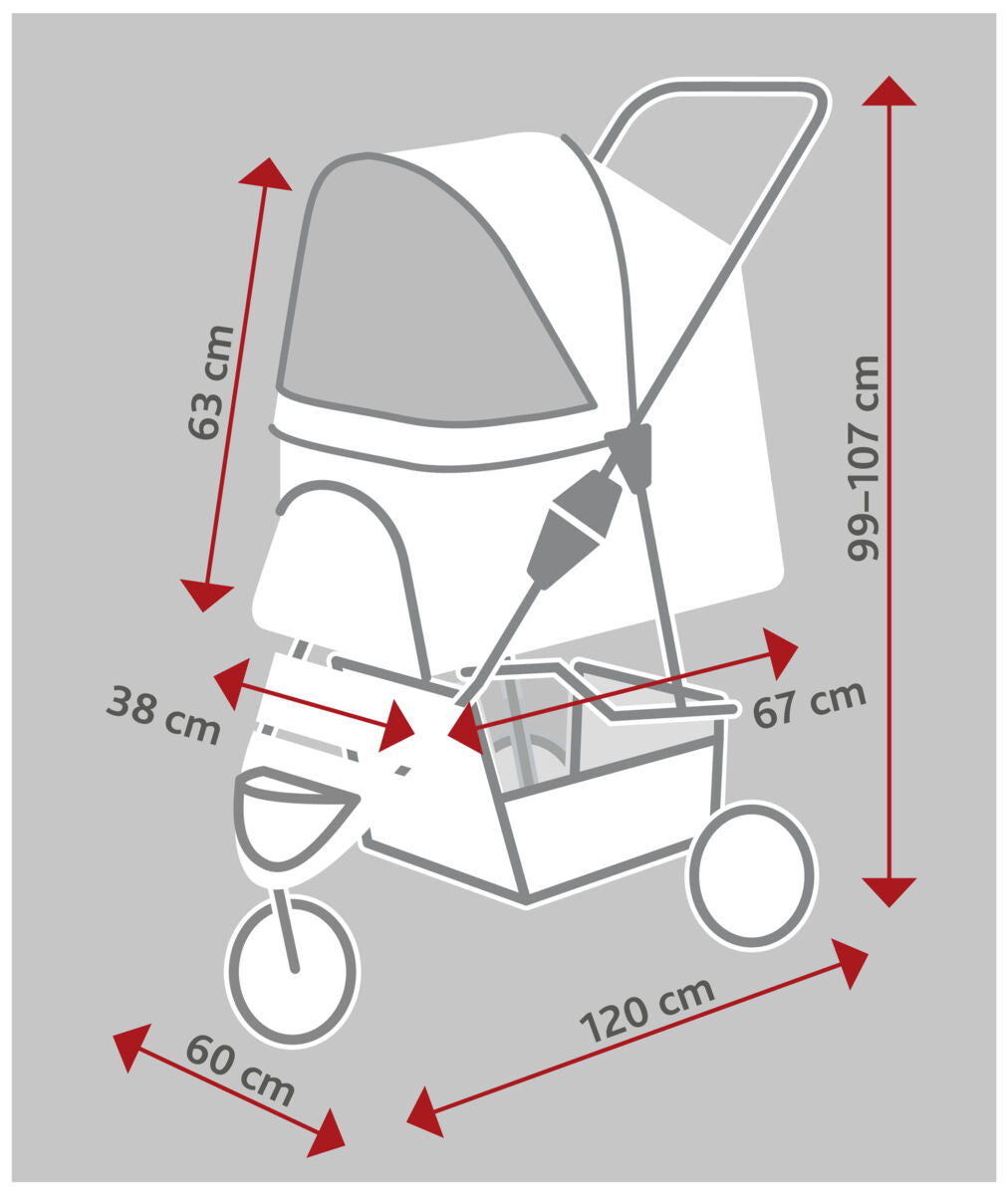 Schema eines Kinderwagens mit roten Maßangaben, darunter 63 cm, 99-107 cm, 38 cm, 67 cm, 60 cm, 120 cm.