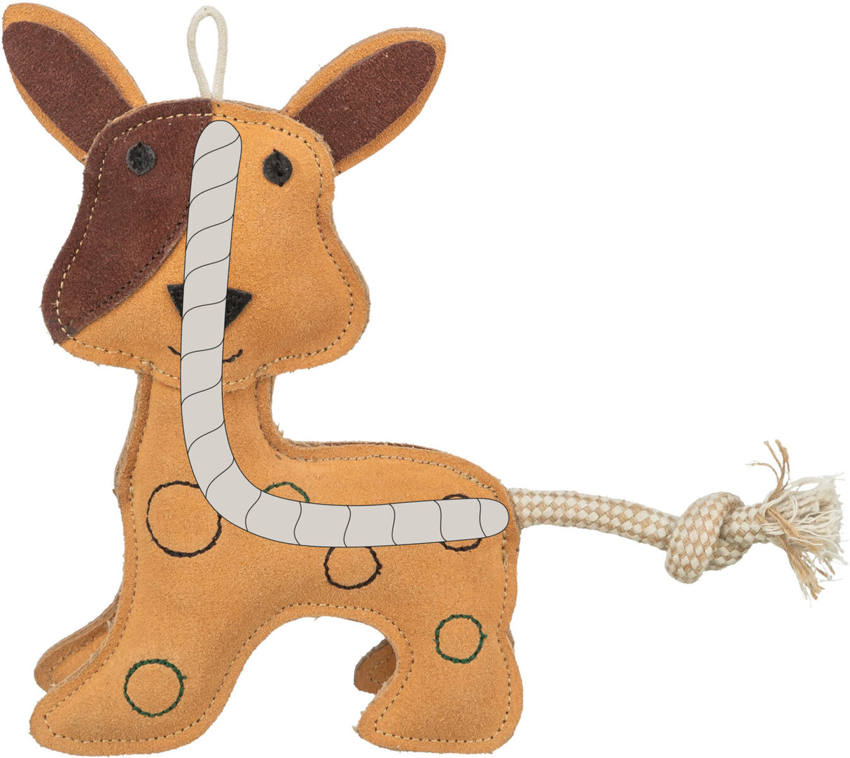 Hundespielzeug in Form eines braunen Tieres mit gemustertem Körper und Knoten am Schwanz.