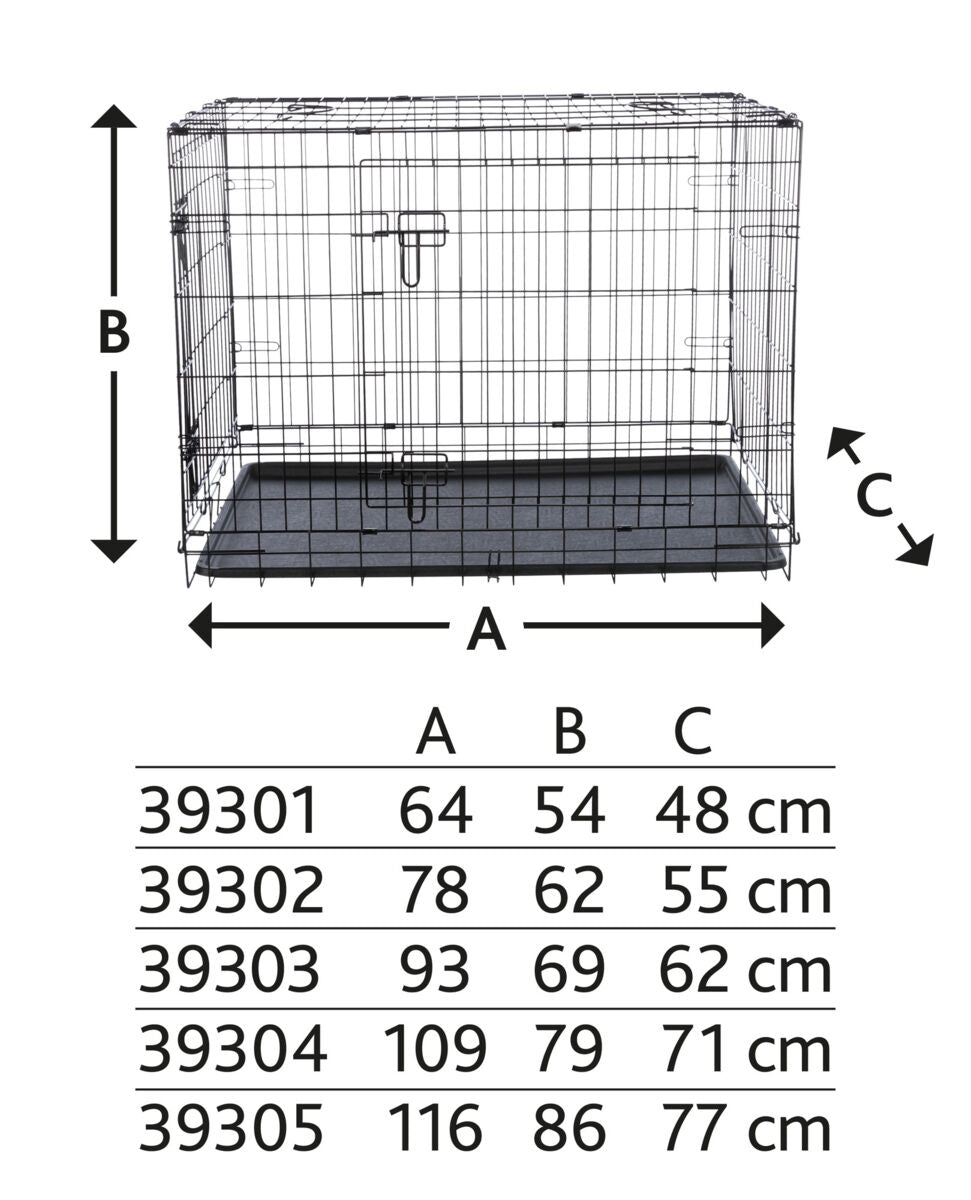 Schwarzer Metallkäfig mit rechteckiger Wanne, daneben Tabelle mit Maßen A, B, C und verschiedenen Zentimeterangaben.