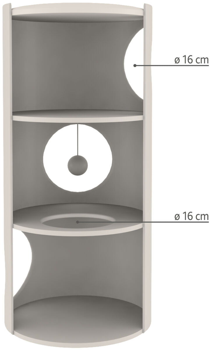 Hohes, rundes Regal mit drei Fächern und einem hängenden Ball, Durchmesser der Öffnungen 16 cm.