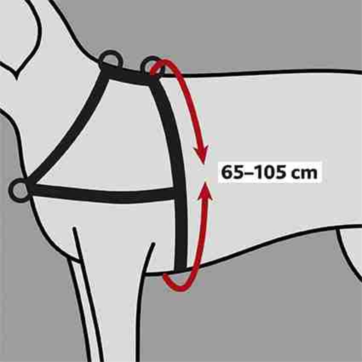 Hundegeschirr-Abbildung mit Maßangabe 65–105 cm für den Brustumfang, schwarzes Geschirr auf grauem Hintergrund.