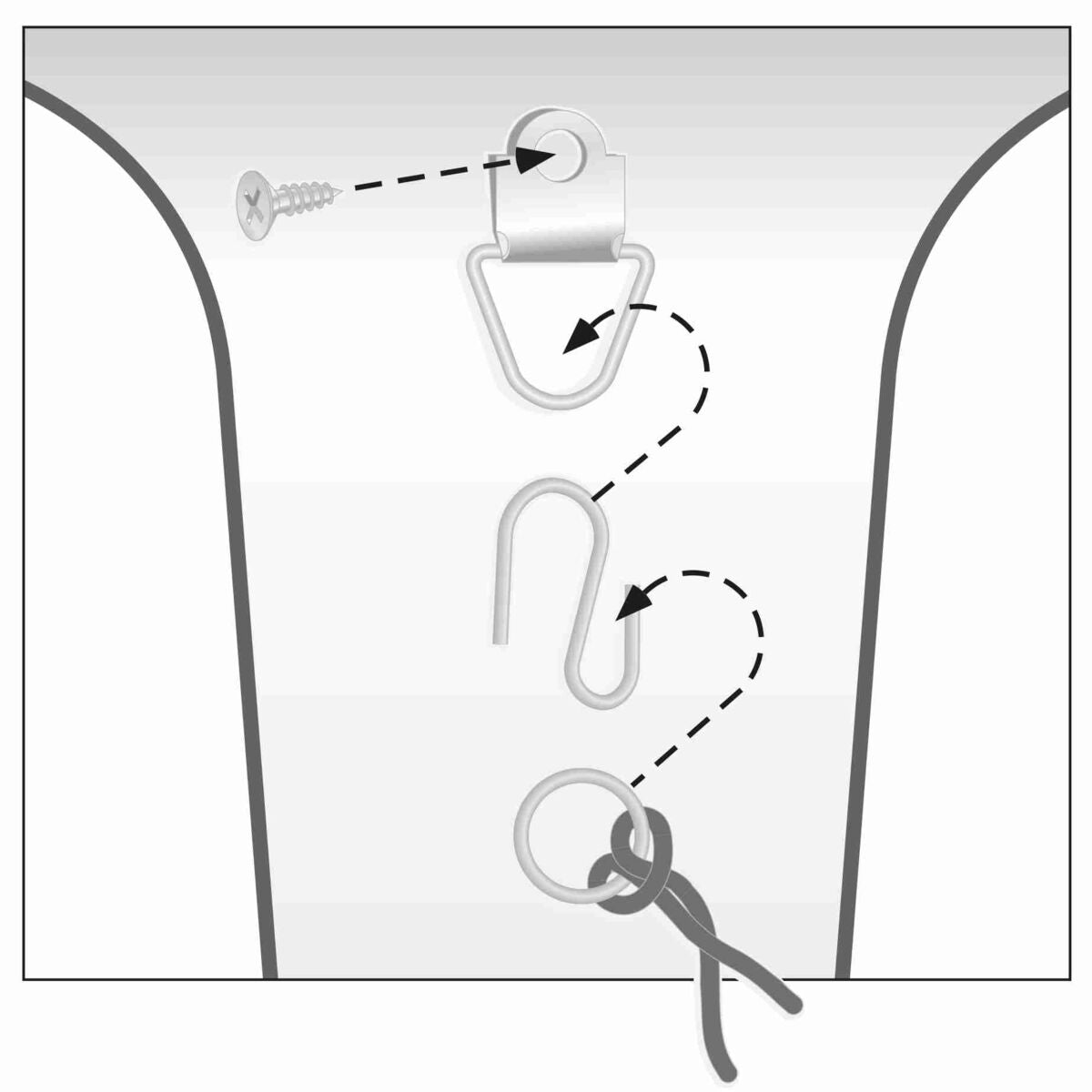 Silberfarbener S-Haken hängt an einer Öse, befestigt mit einer Schraube an einer Wand; Schlüsselring unten befestigt.