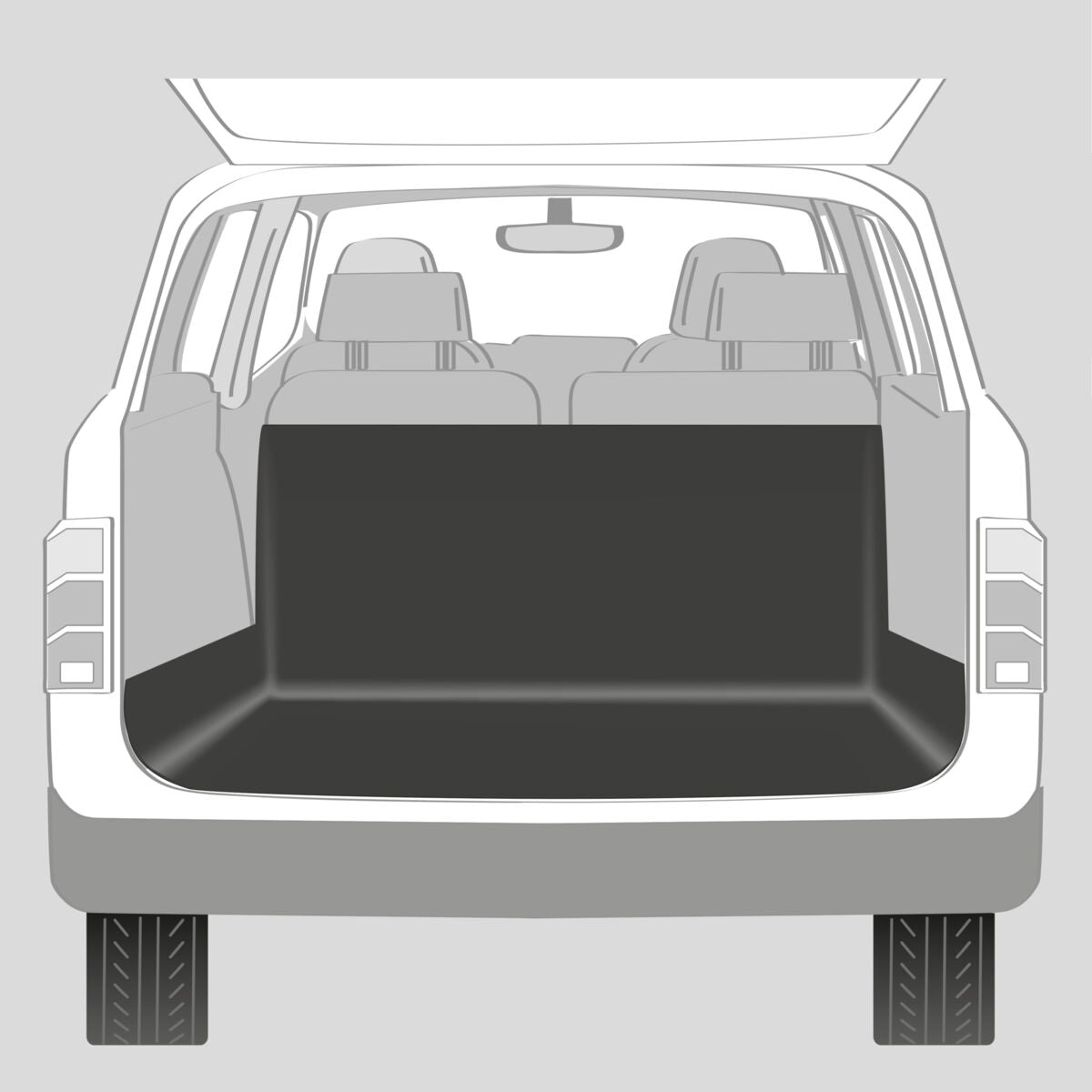 Ein Auto mit geöffneter Heckklappe zeigt einen leeren, schwarzen Kofferraum, Rücksitze und Autoinnenraum erkennbar.