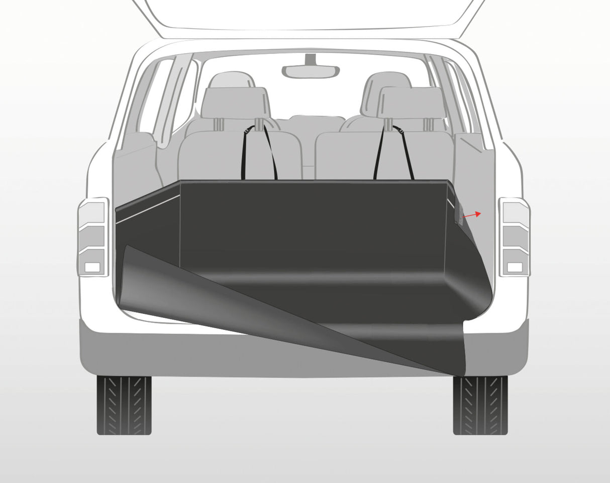 Illustration eines Fahrzeugs mit geöffneter Kofferraumklappe und schwarzer Schutzmatte im Laderaum.