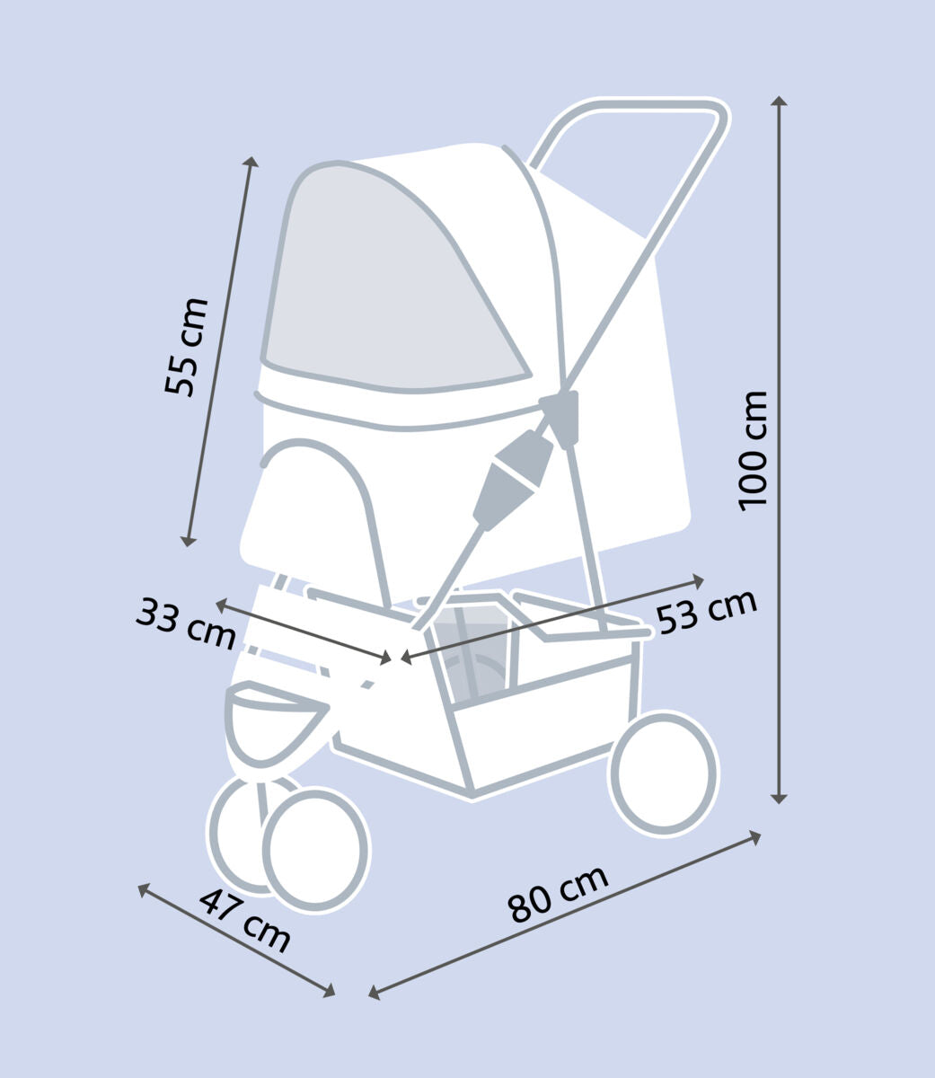Diagramm einer Kinderwagen-Silhouette auf hellblauem Hintergrund mit Maßen: 100 cm hoch, 80 cm lang, 53 cm breit, sowie weiteren Markierungen für Überdachung und Räder.