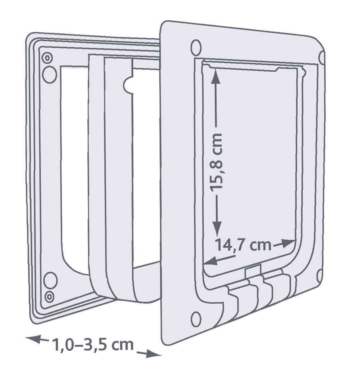 Schemazeichnung einer Türöffnung mit Abmessungen von 15,8 cm Höhe und 14,7 cm Breite, Dicke 1,0–3,5 cm.