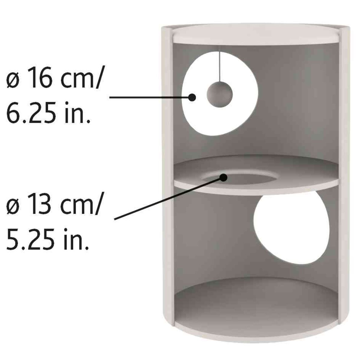 Kreisförmiges Regal mit zwei Etagen, jeweils mit runden Öffnungen von 16 cm und 13 cm Durchmesser.