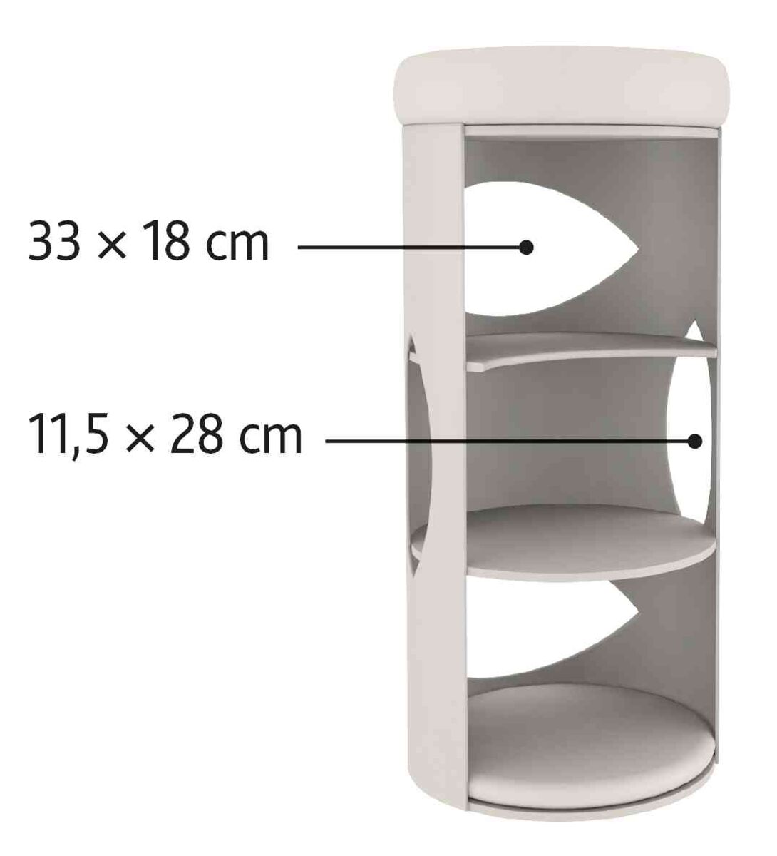 Grauer zylindrischer Turm mit drei Etagen, Abmessungen 33 × 18 cm und 11,5 × 28 cm, kreisförmige Öffnungen.
