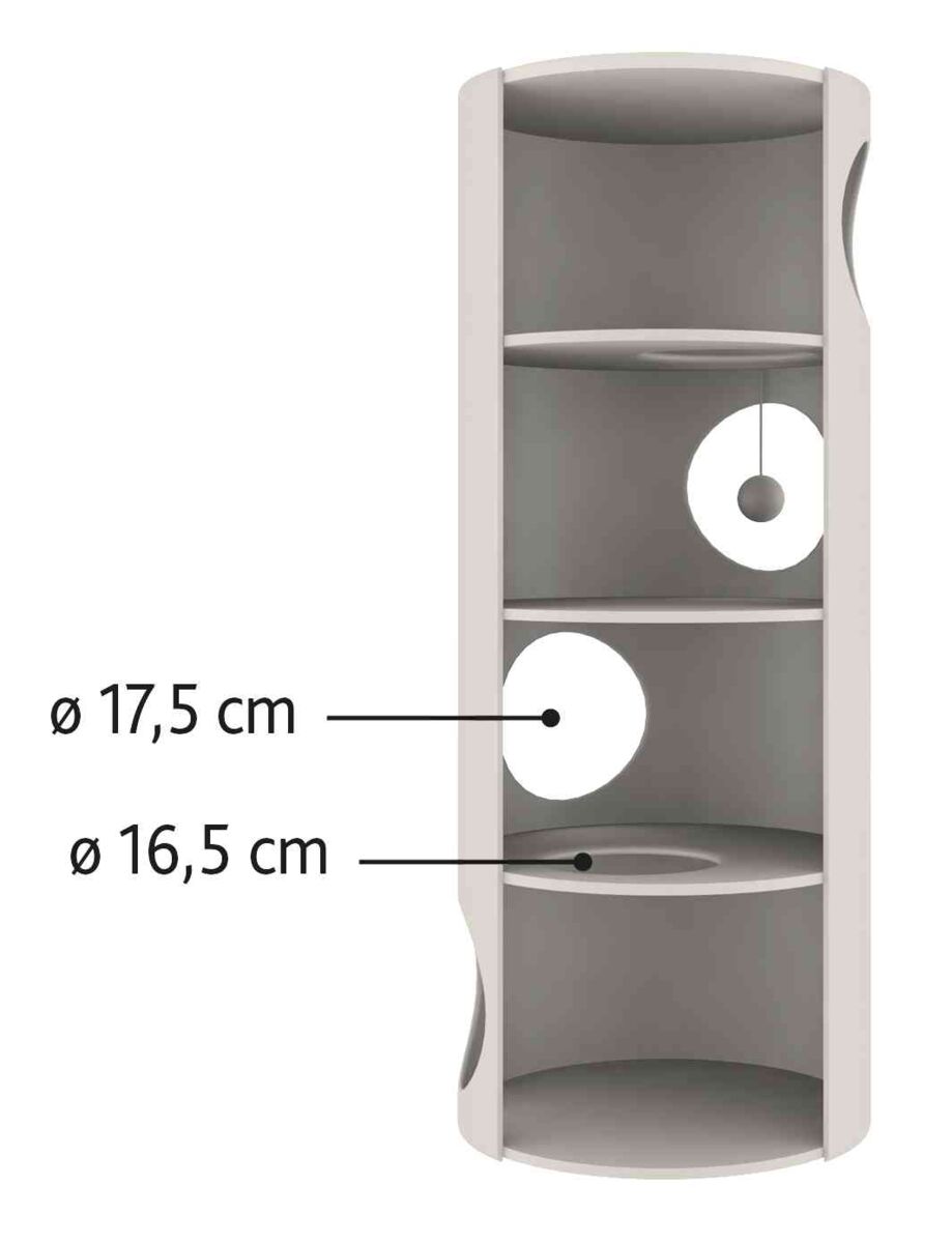 Kreismarke zeigt die Durchmesser von Löchern in einem grauen Regal, 17,5 cm oben, 16,5 cm unten.