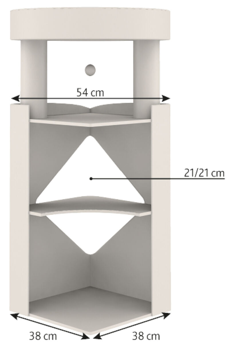 Weißes, dreieckiges Regal mit zwei Ebenen und runden Elementen oben; Maße: 54 cm breit, 38 cm tief, 21/21 cm hoch.