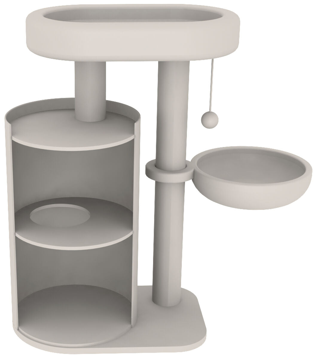 Graues Möbelstück mit rundem Bett oben, zwei runden Plattformen und einer Kugel an einer Schnur.