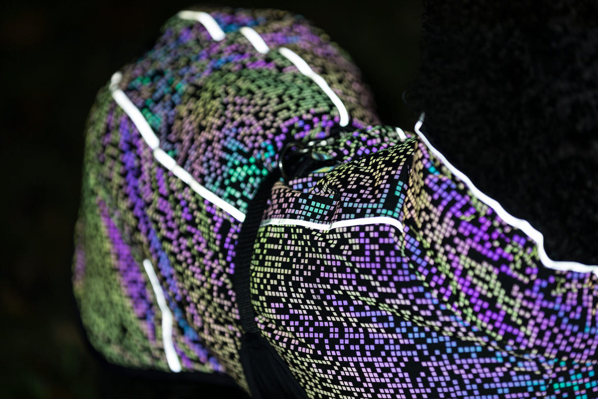 Bunter Hundemantel mit reflektierenden Streifen in Nahaufnahme.