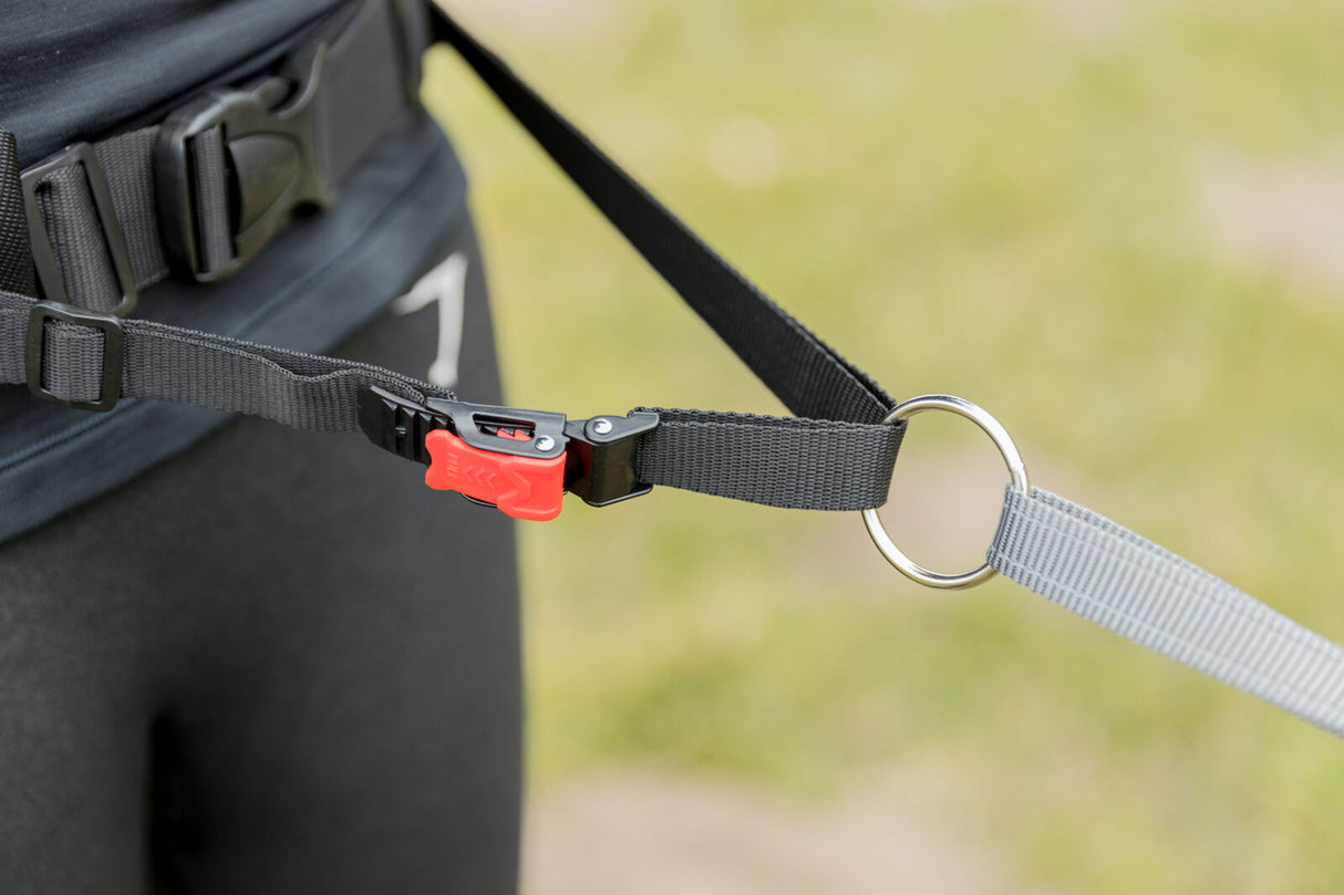 Schwarzer Gürtel mit rotem Verschluss und Leine im Freien.