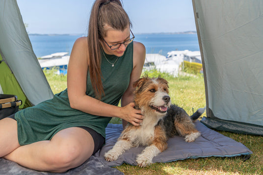 Frau sitzt mit Hund auf Decke, die auf Rasen liegt. Beide sitzen im schattigen Zelt. Im Hintergrund ist Meer und Campingplatz zu sehen. Frau streichelt den und guckt glücklich.