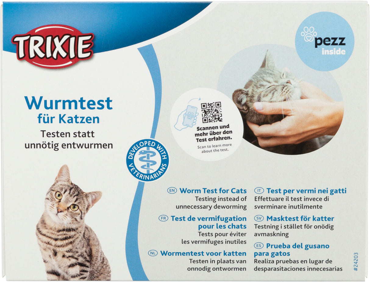 Verpackung eines Wurmtests für Katzen mit buntem Design, Katze unten links, Hände streicheln Katze rechts, Text in mehreren Sprachen.