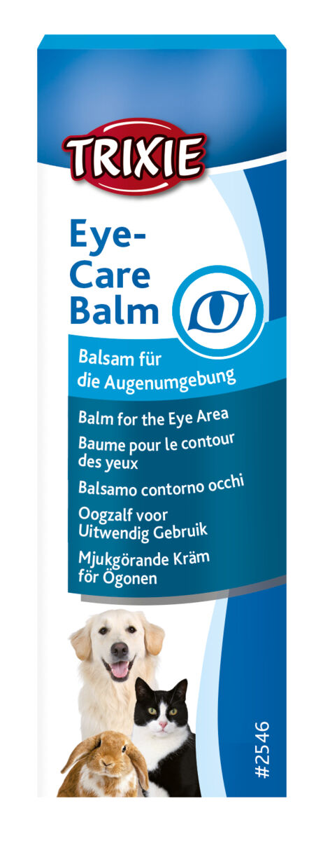 Verpackung eines Augenbalsams für Tiere, blaue und weiße Gestaltung, mit Hund, Katze und Kaninchen abgebildet, Markenname oben.