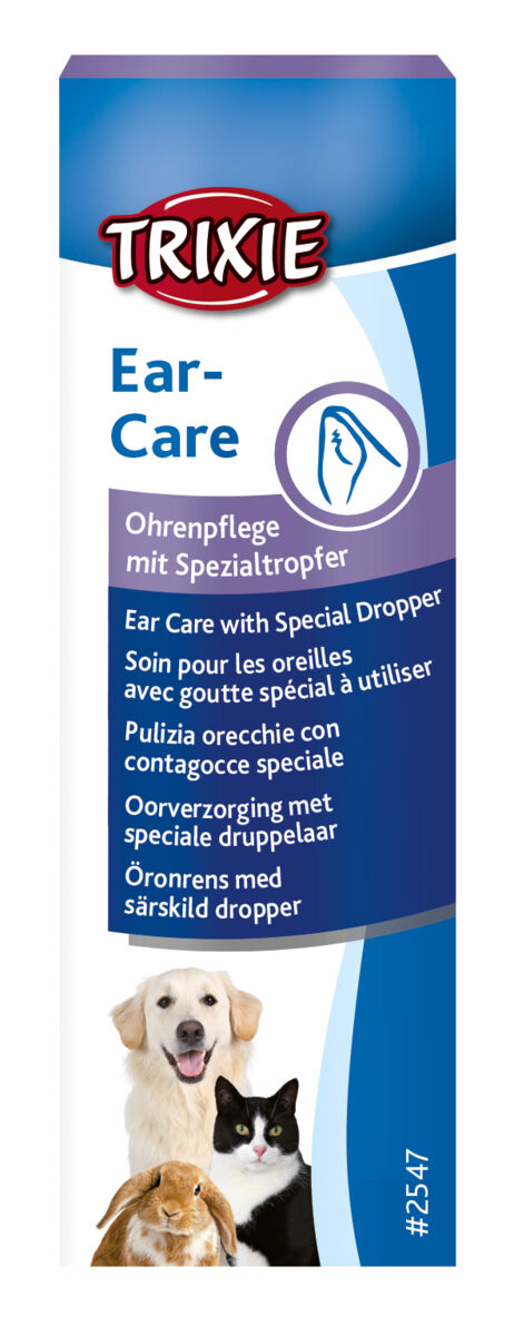 Verpackung der Ohrenpflege für Tiere mit Abbildung von Hund, Katze und Kaninchen, Text in mehreren Sprachen.
