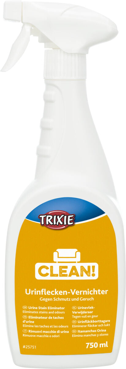 Sprühflasche mit weißem Griff und gelbem Etikett mit der Aufschrift "TRIXIE CLEAN!" und "Urinflecken-Vernichter".