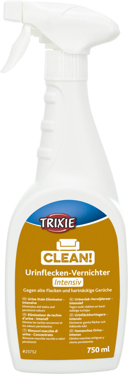 Sprühflasche mit weißem Griff und gelbem Etikett, "TRIXIE CLEAN! Urinflecken-Vernichter Intensiv" für hartnäckige Flecken.