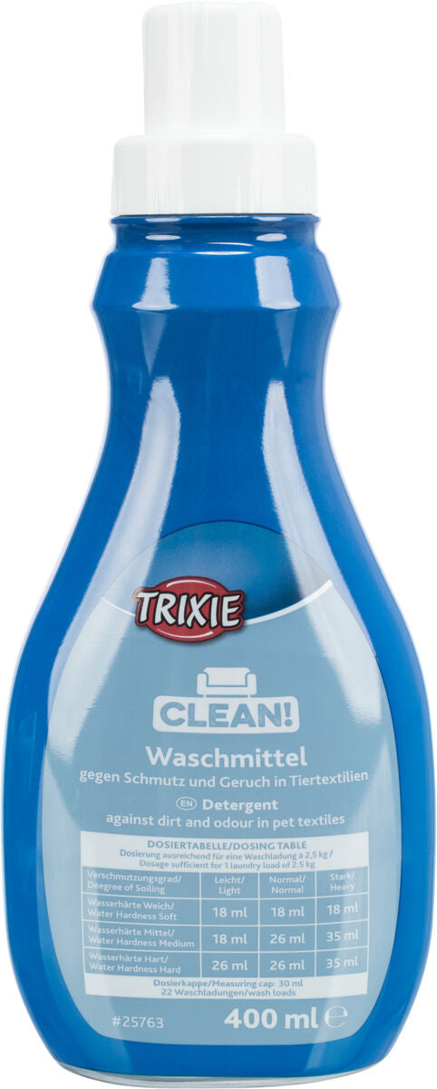 Blauer Waschmittelbehälter mit weißem Verschluss, Aufschrift "TRIXIE CLEAN!" und Dosiertabelle, 400 ml.