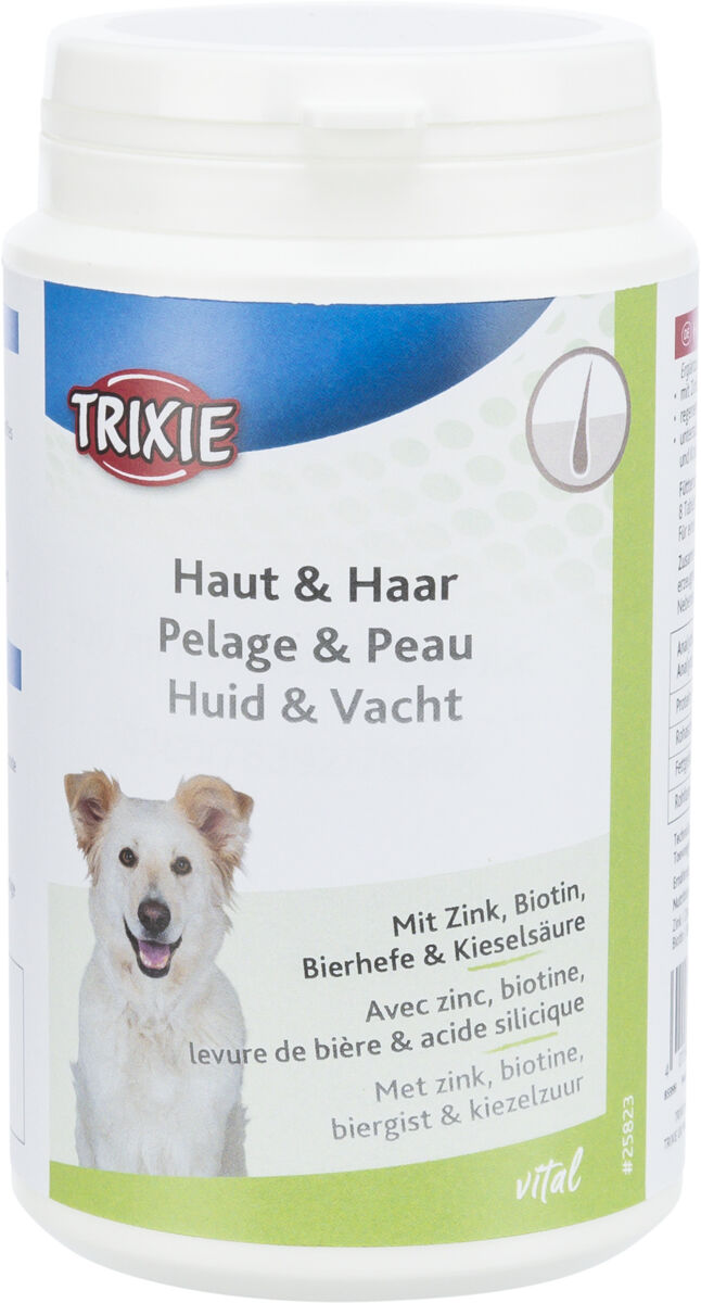 Weiße Dose mit blau-grünem Etikett, das Hund zeigt und Text in mehreren Sprachen über Haut- und Haarpflege.