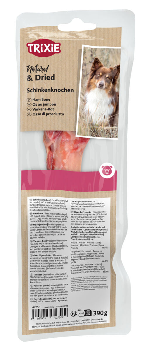 Verpackung eines Schinkenknochens mit Hundebild, Markenname TRiXiE, mehrere Sprachen, 390 g, transparentes Fenster.