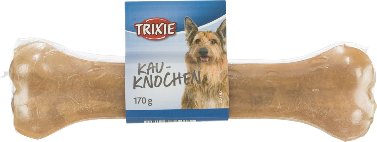 Kauknochen in transparenter Verpackung mit blauem Etikett, darauf Logo und Bild eines Hundes, 170 g.