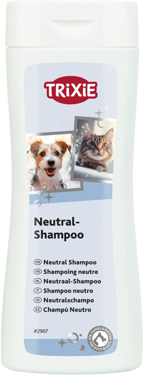 Flasche mit Etikett "Trixie Neutral-Shampoo", Hund- und Katzenabbildungen, Text in mehreren Sprachen, rundes Logo.