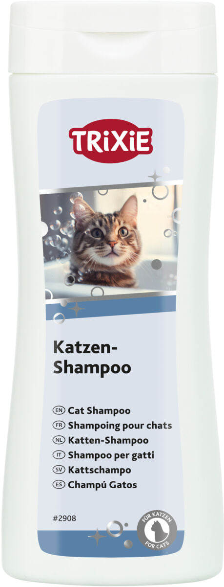 Die weiße Flasche zeigt ein Etikett mit einer Abbildung einer Katze im Schaumbad und den Text "Katzen-Shampoo".
