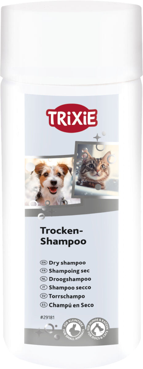 Weiße Flasche mit rotem Trixie-Logo, Bildern von Hund und Katze, und mehrsprachiger Aufschrift "Trockenshampoo".
