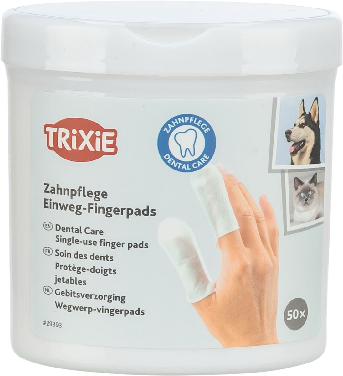 Ein weißer Behälter mit Aufschrift "Trixie Zahnpflege Einweg-Fingerpads" und Bildern eines Hundes und einer Katze.