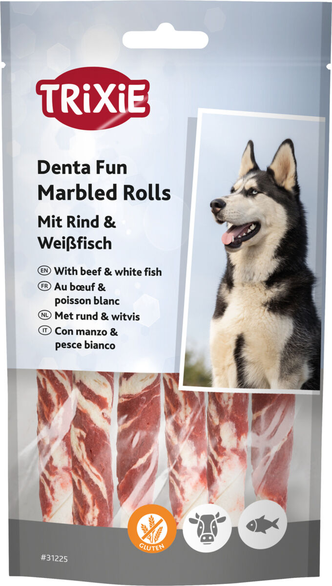 Verpackung von Trixie Denta Fun Marbled Rolls mit Bild eines Hundes und Text in verschiedenen Sprachen.