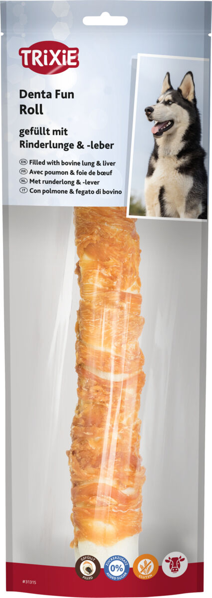 Verpackung eines Hundesnacks mit der Aufschrift "Denta Fun Roll gefüllt mit Rinderlunge & -leber" und Bild eines Hundes.