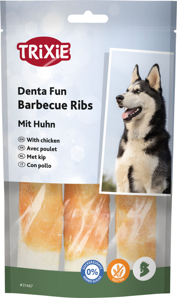 Verpackung von Trixie Denta Fun Barbecue Ribs mit Huhn, Abbildung eines Hundes, Text in mehreren Sprachen.