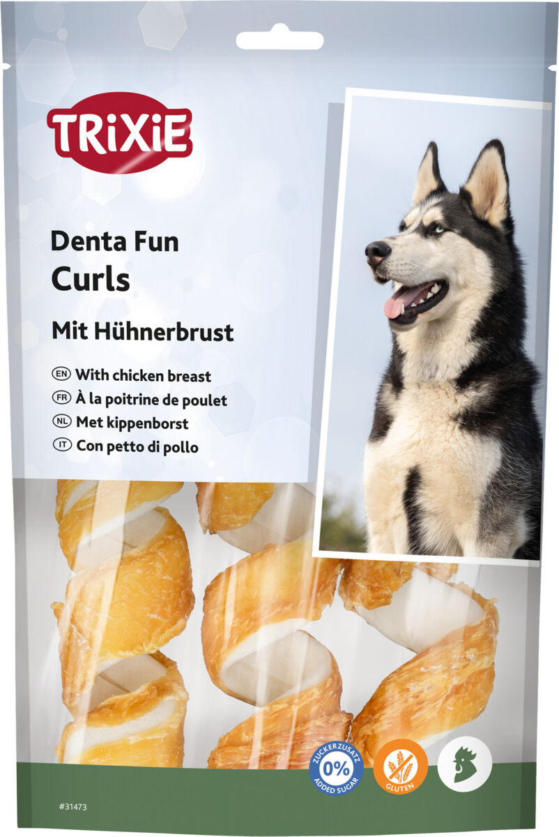 Verpackung von Hundesnacks mit Hühnerbrust, Markenname TRIXIE, Bild eines Hundes und Piktogramme für Zuckerzusatz und Gluten.