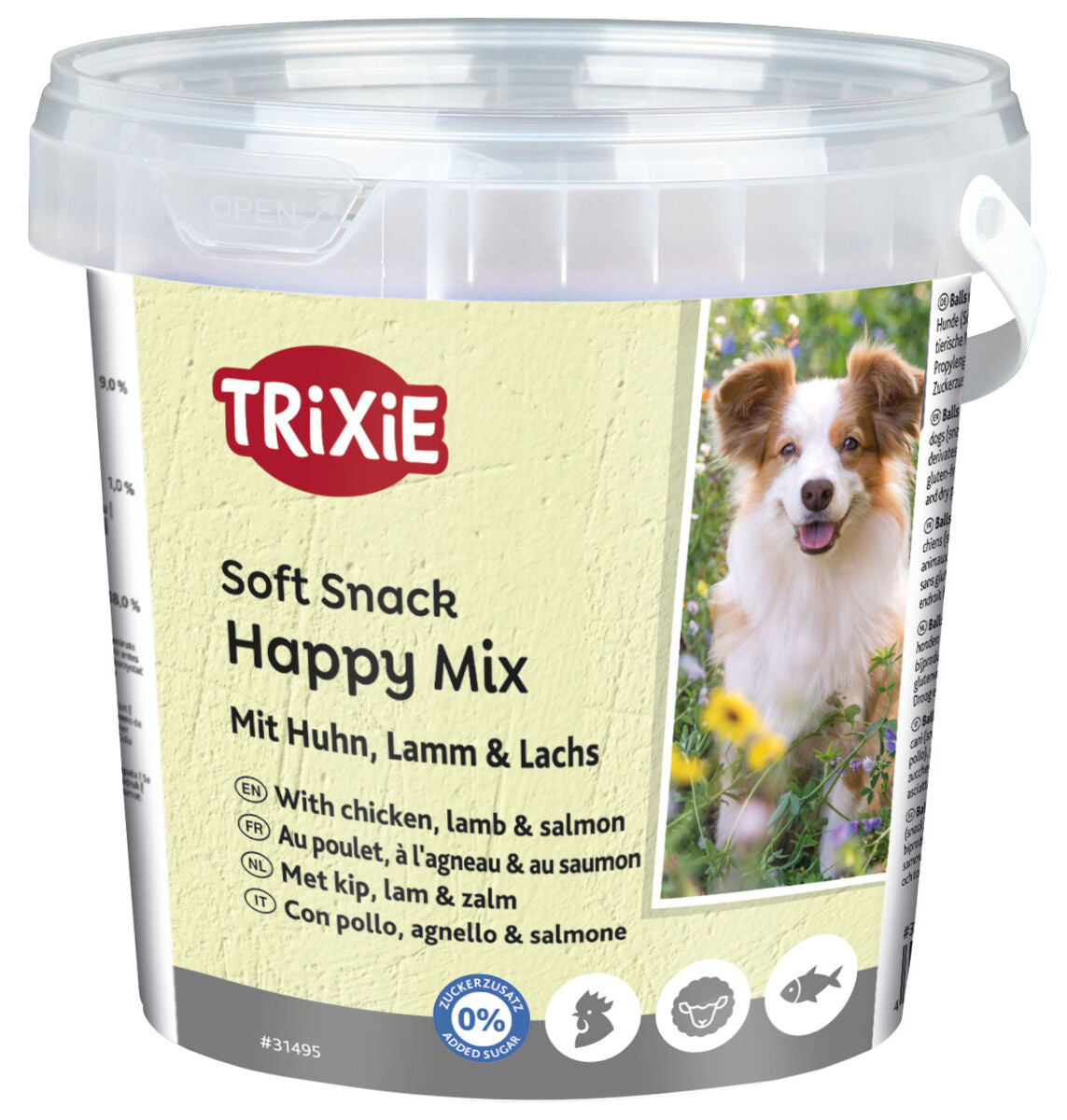 Behälter mit der Aufschrift "Trixie Soft Snack Happy Mix mit Huhn, Lamm & Lachs", Abbildung eines Hundes, Text in mehreren Sprachen.