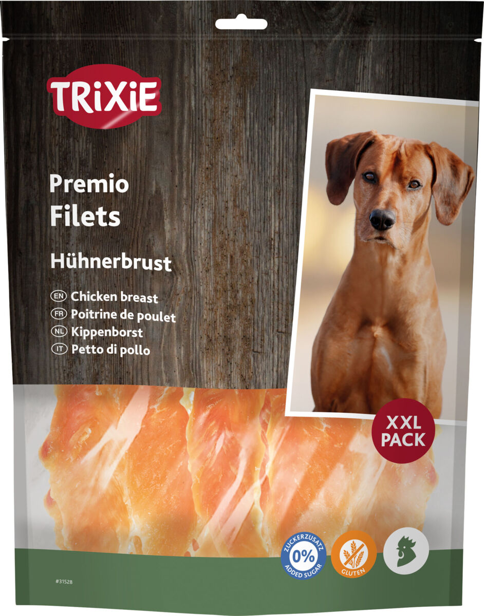 Eine Verpackung mit Trixie Premio Filets Hühnerbrust, XXL-Pack, zeigt ein Hundebild und verschiedenfarbige Logos.