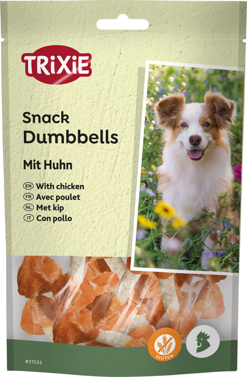 Hundesnack-Verpackung von Trixie mit Huhn, zeigt Foto eines Hundes und enthält Text in mehreren Sprachen.