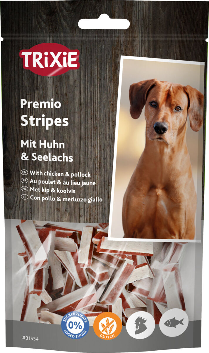 Verpackung von Hundesnacks der Marke Trixie mit Huhn und Seelachs, abgebildeter Hund, Text in mehreren Sprachen.