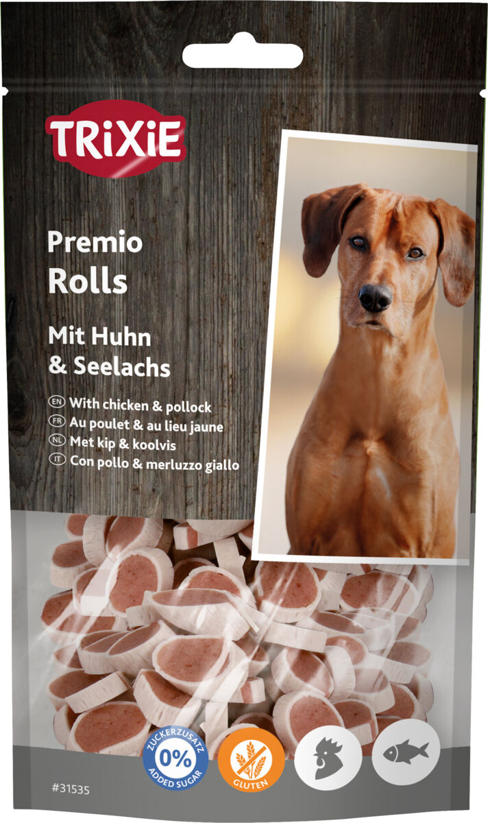 Hundesnack-Verpackung mit Aufschrift "Trixie Premio Rolls" und Geschmacksrichtung Huhn und Seelachs sowie einem Foto eines Hundes.