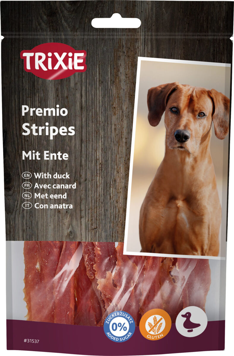 Hundeleckerli-Verpackung mit dem Produktnamen "Trixie Premio Stripes Mit Ente", einem Hundebild, Enten-Icon und Hinweisen zu glutenfrei und zuckerfrei.