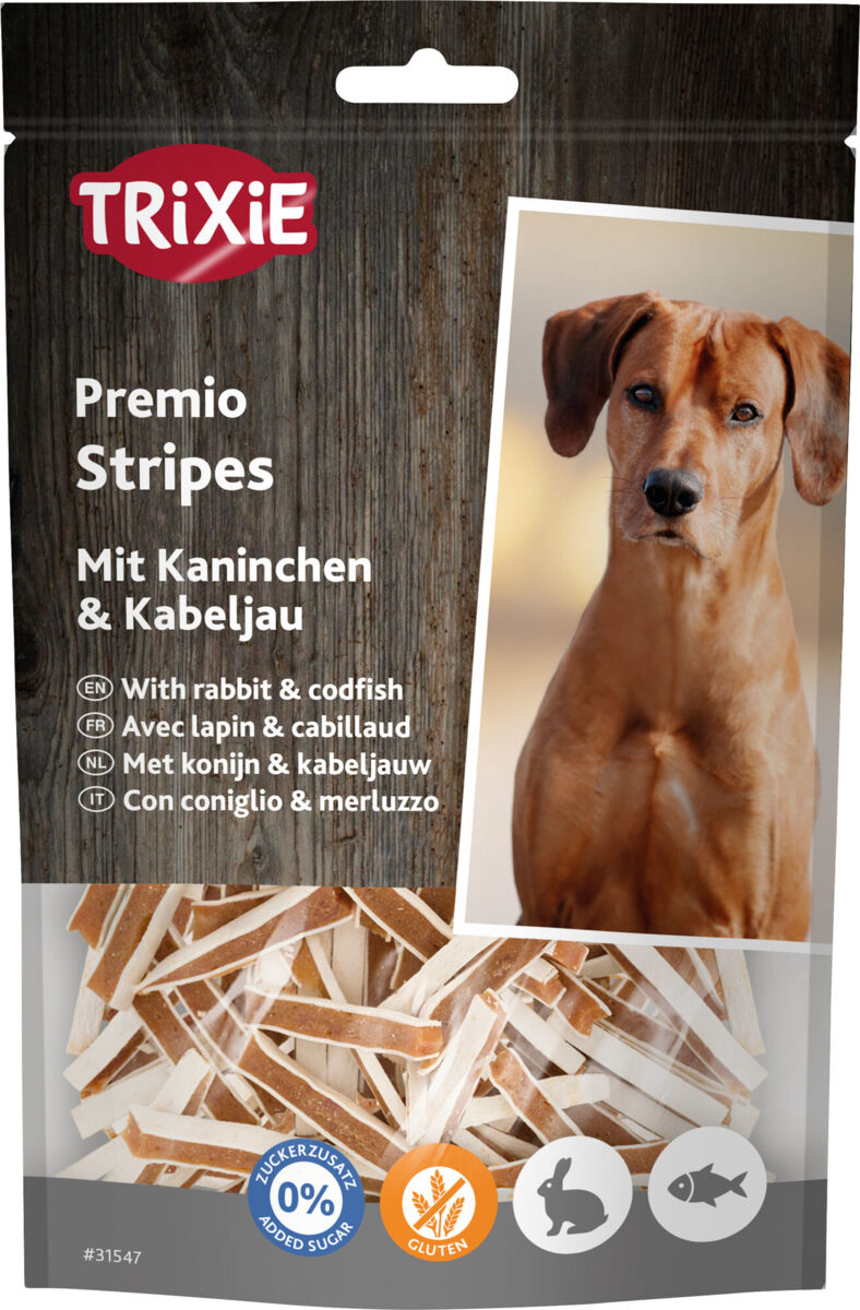 Eine Tüte mit der Aufschrift "TRiXiE Premio Stripes" zeigt Streifen mit Kaninchen und Kabeljau, daneben ein Hundebild.