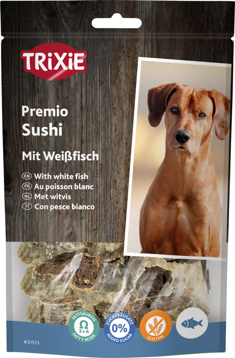 Verpackung von TRIXIE Premio Sushi mit Weißfisch, enthält Bild eines Hundes und Text in mehreren Sprachen.