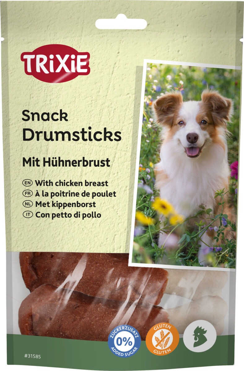 Hundesnack-Verpackung von Trixie mit Hühnerbrust-Drumsticks, Bild eines Hundes, glutenfrei und ohne Zuckerzusatz.