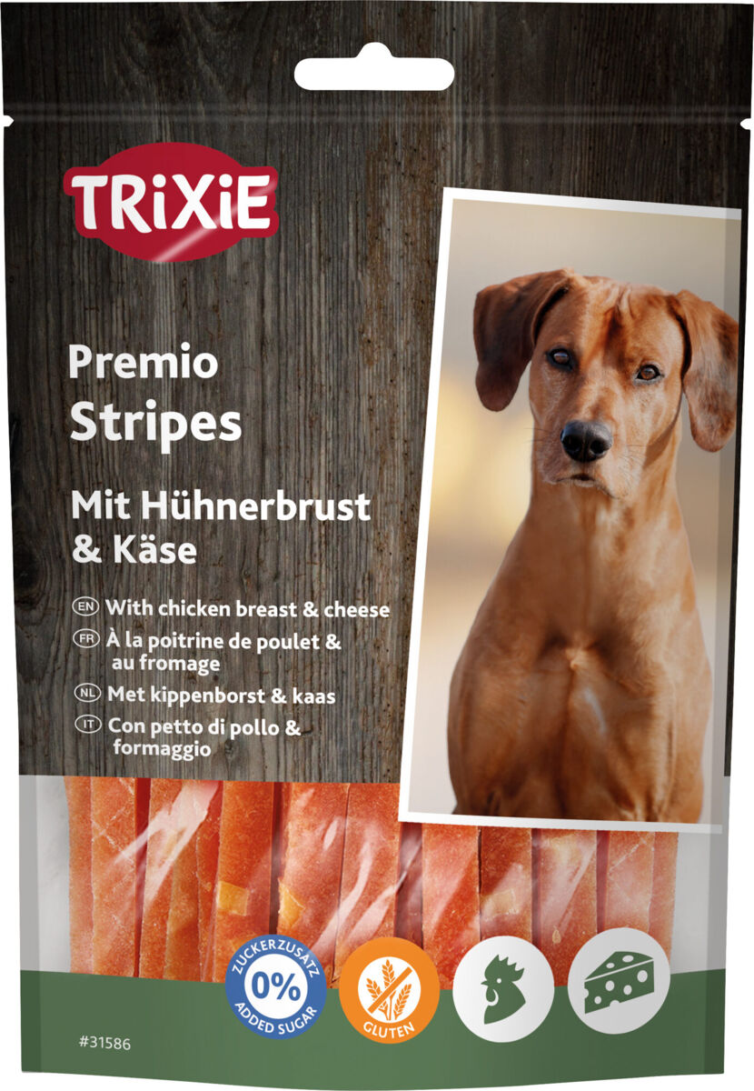 Hundesnack-Verpackung mit Hundebild, Text "Mit Hühnerbrust & Käse", Symbole für zuckerfrei und glutenfrei.