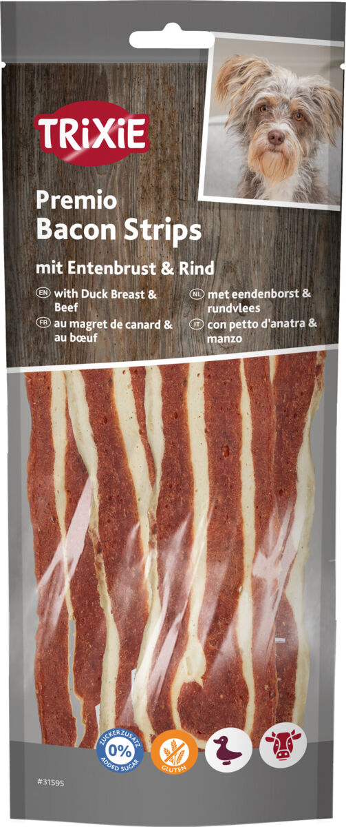 Hundefutterverpackung mit Foto eines Hundes; Text "Premio Bacon Strips mit Entenbrust & Rind" und Abbildung der Leckerlis.