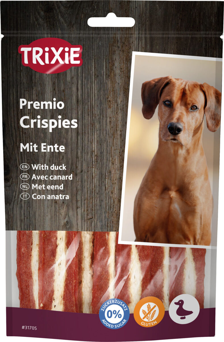 Hundesnacks mit Entengeschmack in einer Verpackung mit einem Bild eines Hundes und Text in mehreren Sprachen.